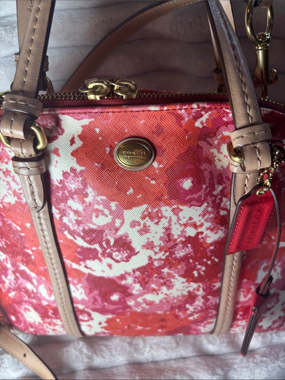 Vintage Coach Peyton Floral Cora Domed Purse Handbag F31341  Red Pink White - Picture 5 of 12